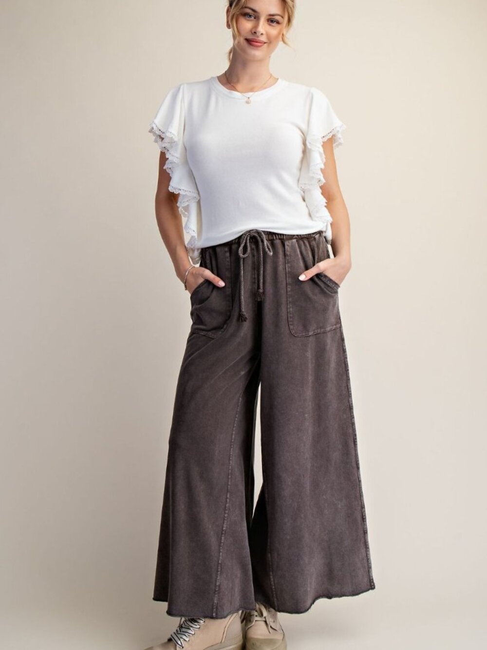 128 Easel BROWN washed terry knit wide leg pants NWT S M L cotton summer beach
